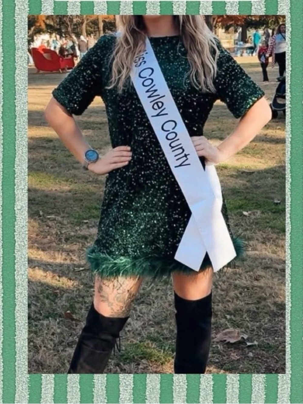 Fashion Nova Green Sequin Feather Hem Mini Dress